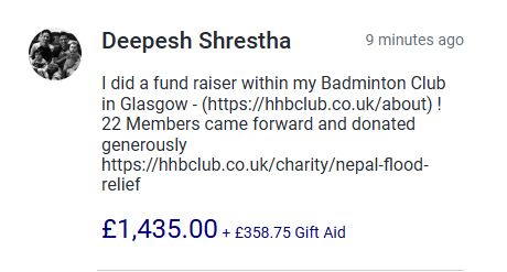 Facebook post announcing the £1,435 raised for HExN's Nepal flood relief