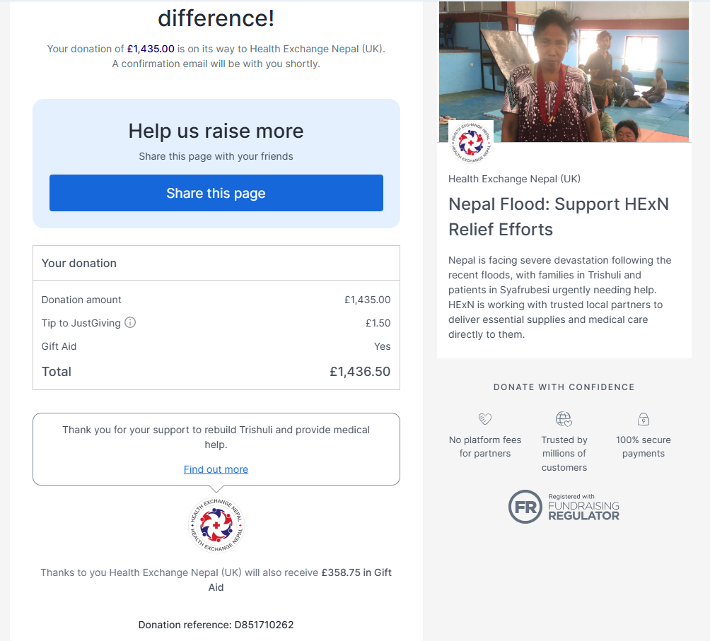 JustGiving confirmation of the £1,435 donation to Health Exchange Nepal (UK) — click to zoom
